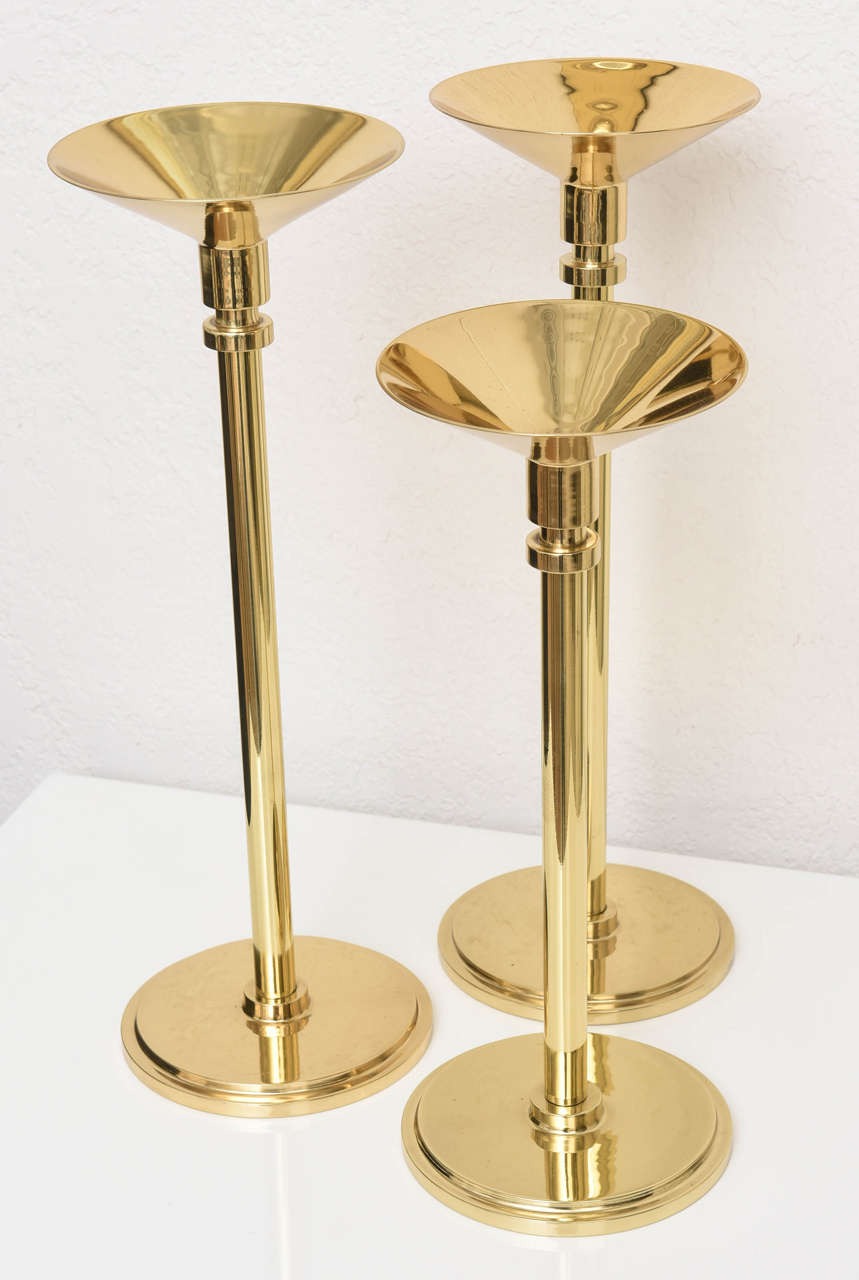 Set of Three Art Deco Style, Graduated-Height, Polished Brass Candlesticks 4