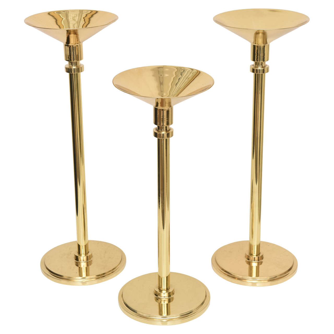 Set of Three Art Deco Style, Graduated-Height, Polished Brass Candlesticks