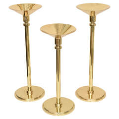 Set of Three Art Deco Style, Graduated-Height, Polished Brass Candlesticks