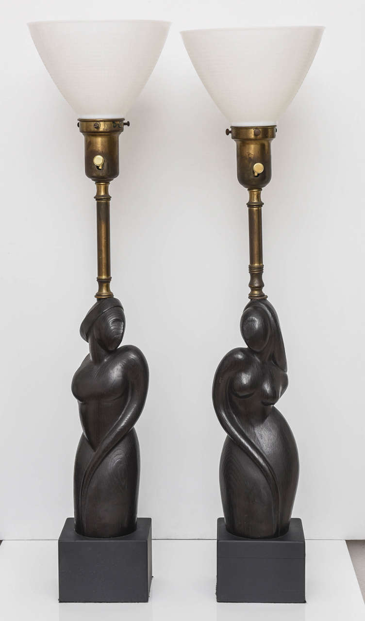 20th Century Pair of Art Deco Style Table Lamps with Male and Female Torsos, Mid-Century