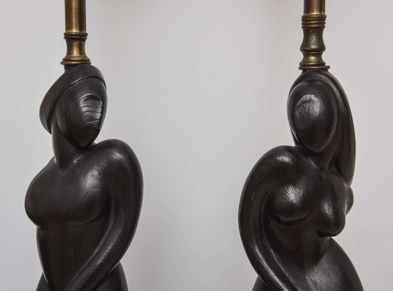 Wood Pair of Art Deco Style Table Lamps with Male and Female Torsos, Mid-Century