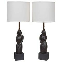 Pair of Art Deco Style Table Lamps with Male and Female Torsos, Mid-Century