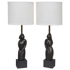 Pair of Art Deco Style Table Lamps with Male and Female Torsos, Mid-Century 7