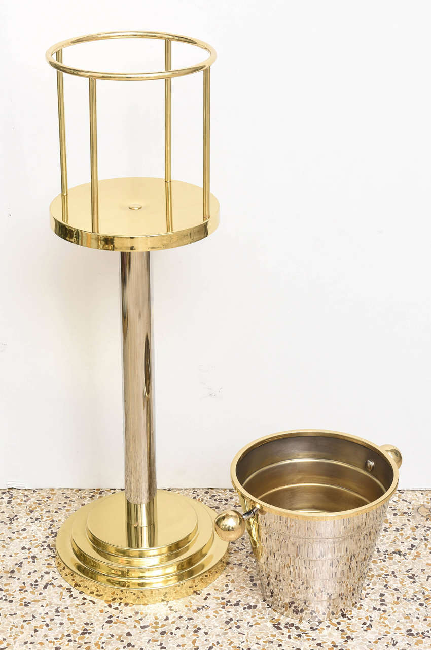 Polished Art Deco Style Ice-Bucket on Stand, Brass and Silver:  Larry Laslo for Towle