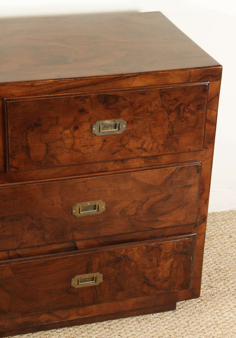 North American Stained Olive Burl Wood Dresser with Campaign Style Hardware For Sale