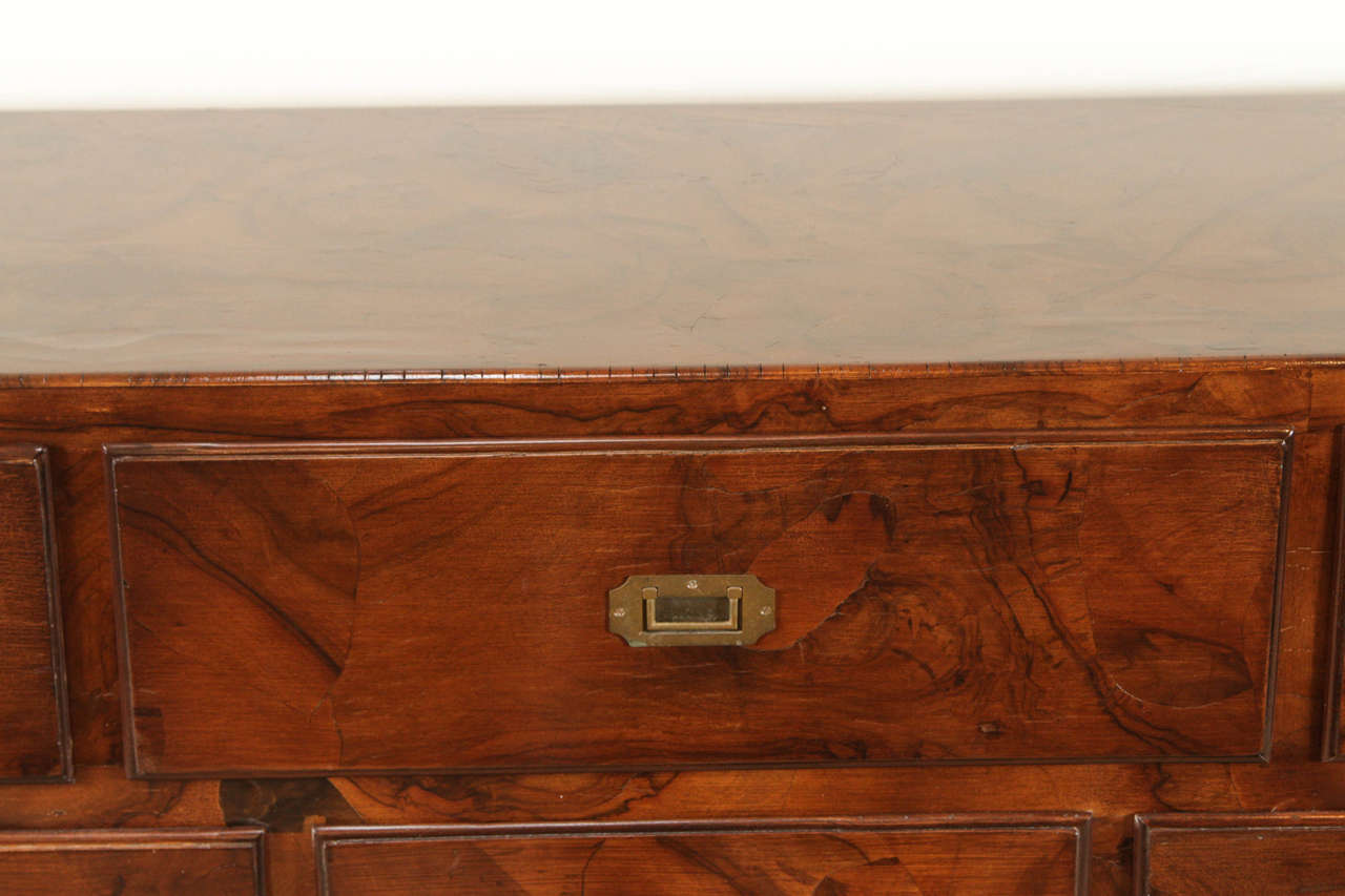 Veneer Stained Olive Burl Wood Dresser with Campaign Style Hardware For Sale