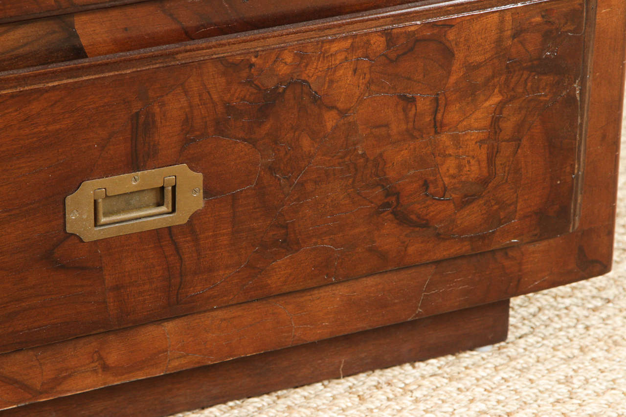 Stained Olive Burl Wood Dresser with Campaign Style Hardware In Good Condition For Sale In Los Angeles, CA