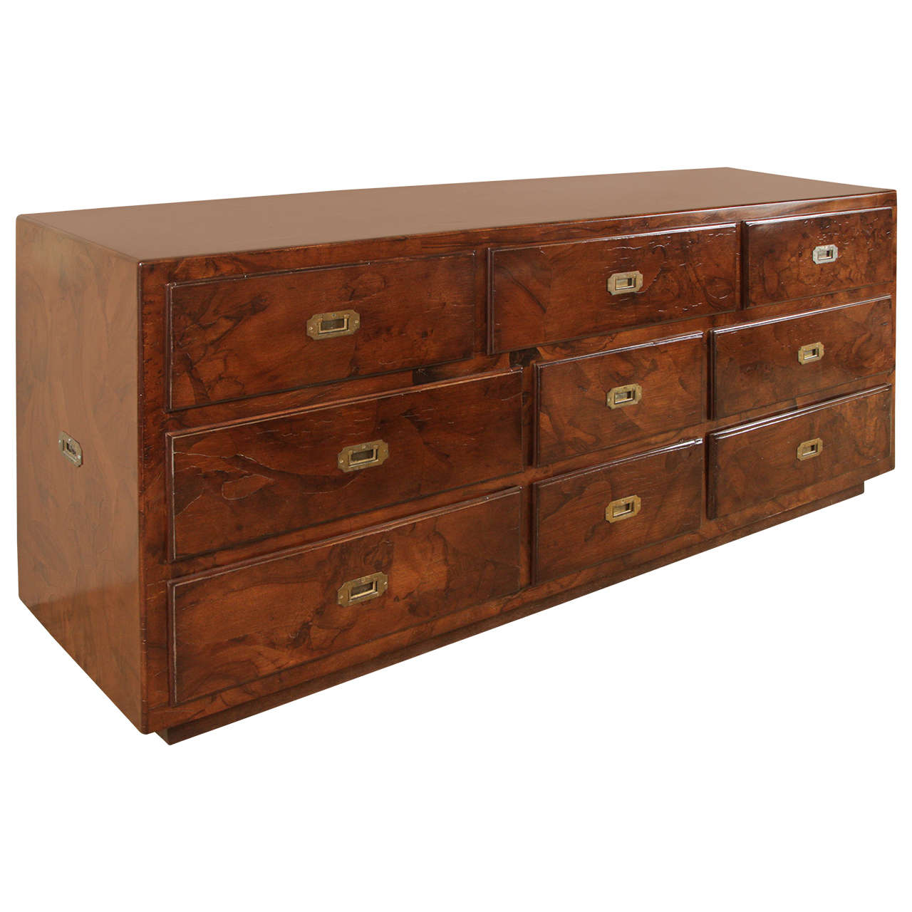 Stained Olive Burl Wood Dresser with Campaign Style Hardware For Sale