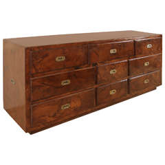 Stained Olive Burl Wood Dresser with Campaign Style Hardware