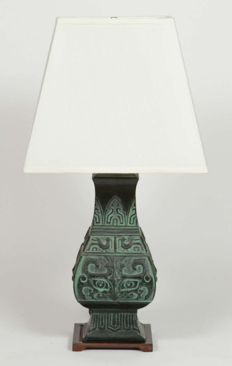 Chinese Export Pair of Archaic Chinese Bronze Lamps with New Silk Shades