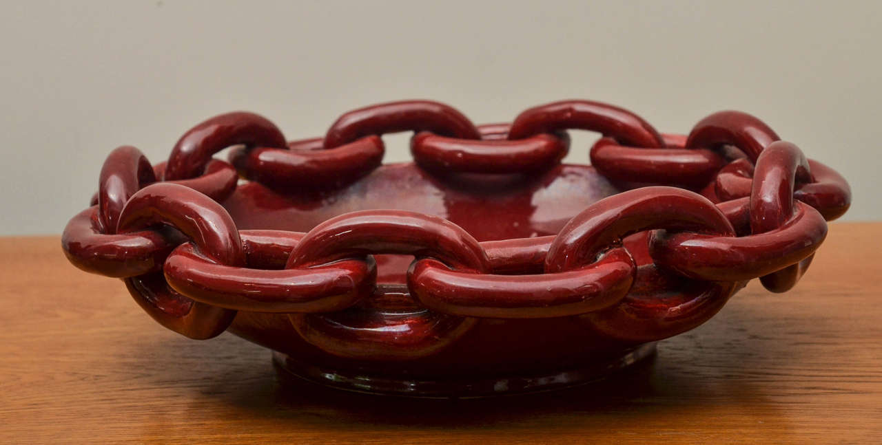 French Red Ceramic Bowl with Chain Detail by Jerome Massier