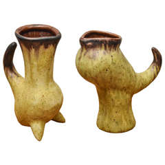 Pair of Yellow and Brown Ceramic Vessels