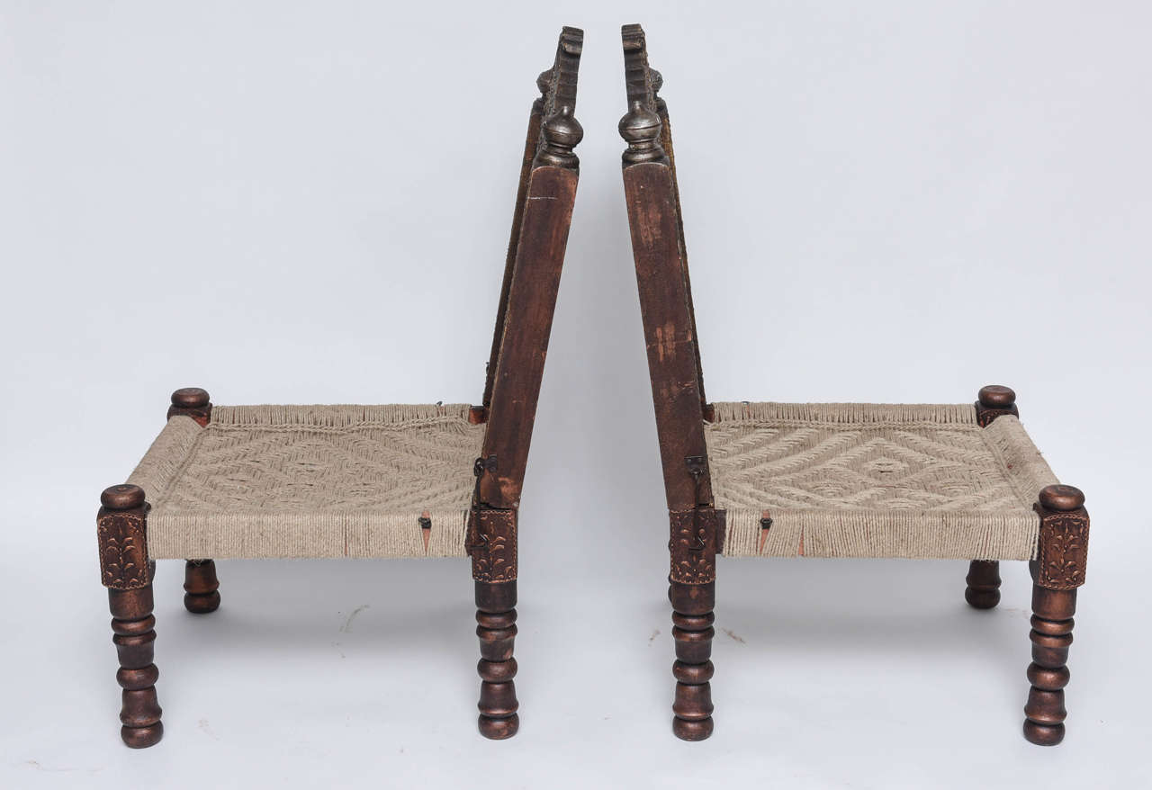 Pair of Hand-Carved Wood and Rope, Folding Chairs, Morocco In Excellent Condition In Miami, Miami Design District, FL