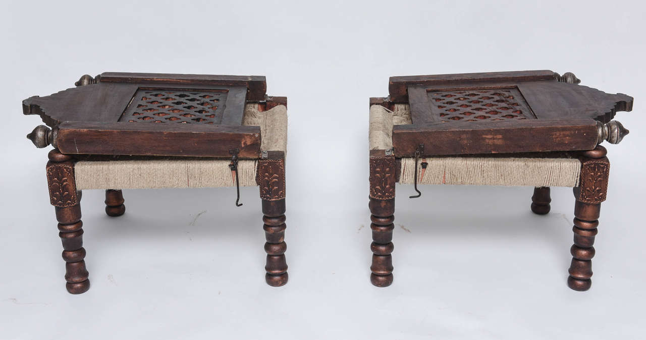Contemporary Pair of Hand-Carved Wood and Rope, Folding Chairs, Morocco