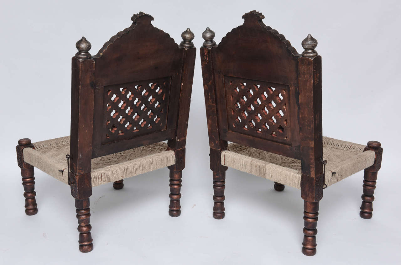 Reclaimed Wood Pair of Hand-Carved Wood and Rope, Folding Chairs, Morocco