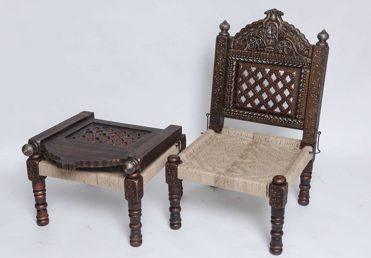 Pair of Hand-Carved Wood and Rope, Folding Chairs, Morocco 2