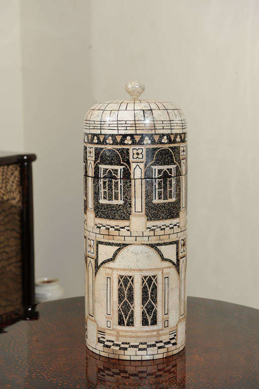 A Fornasetti Style covered Tower with Architectural Design in Eggshell and Lacquer