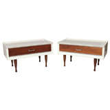 Pair 50's Modern White Lacquered Walnut Bedside Tables