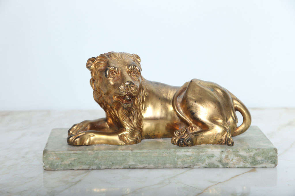 Italian Fine Pair of Gilt Bronze Lion and Lioness on Marble Bases, Italy For Sale