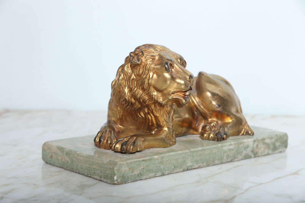 Fine Pair of Gilt Bronze Lion and Lioness on Marble Bases, Italy In Excellent Condition For Sale In Hollywood, FL