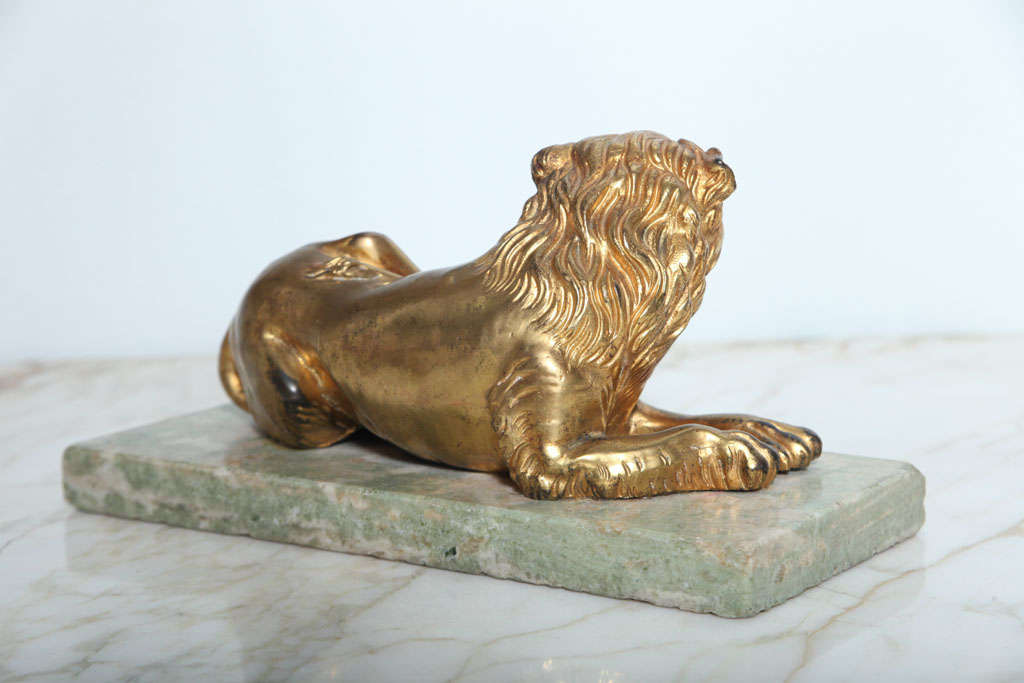 18th Century and Earlier Fine Pair of Gilt Bronze Lion and Lioness on Marble Bases, Italy For Sale