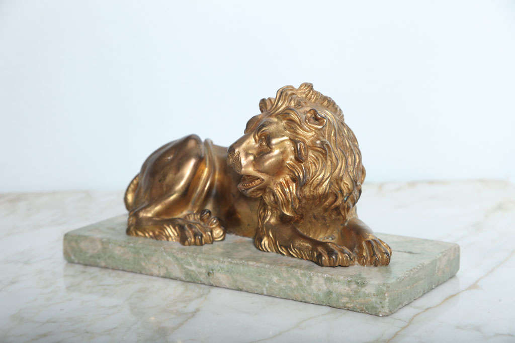 Fine Pair of Gilt Bronze Lion and Lioness on Marble Bases, Italy For Sale 1