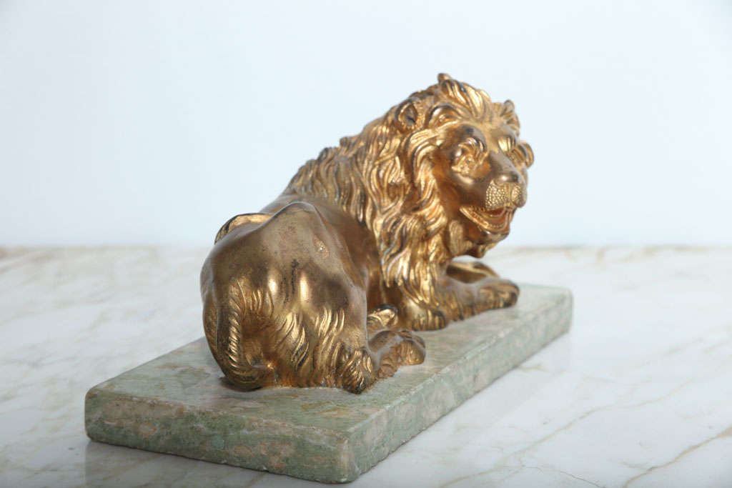 Fine Pair of Gilt Bronze Lion and Lioness on Marble Bases, Italy For Sale 2