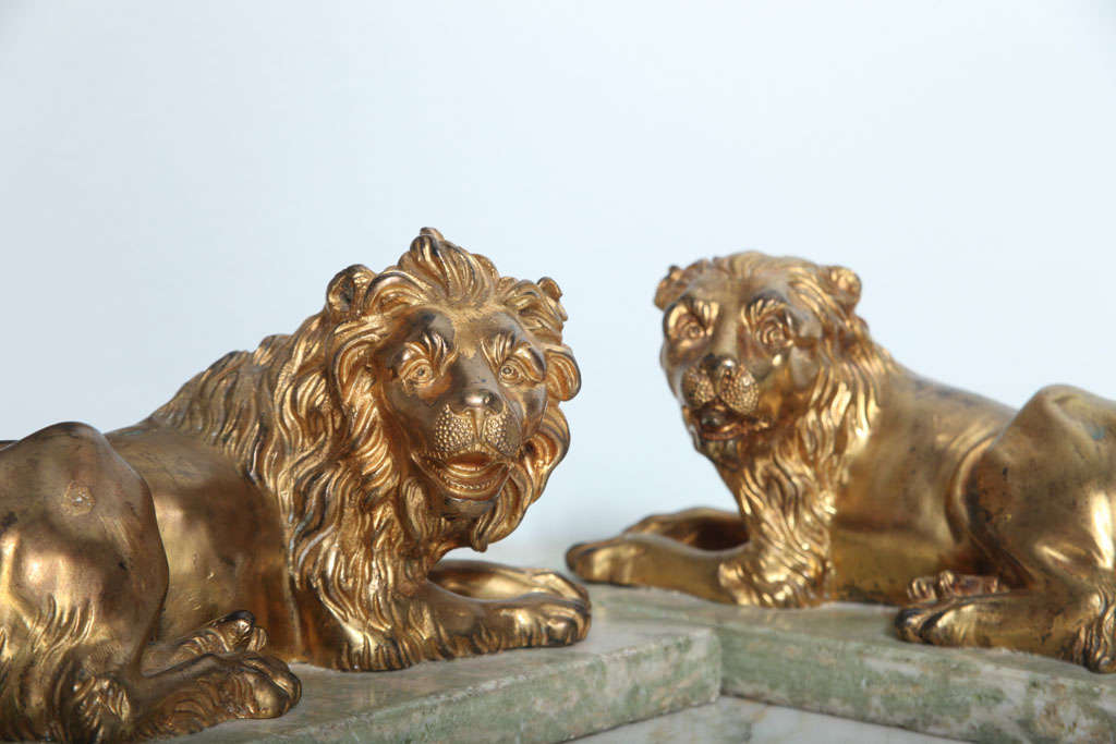 Fine Pair of Gilt Bronze Lion and Lioness on Marble Bases, Italy For Sale 4