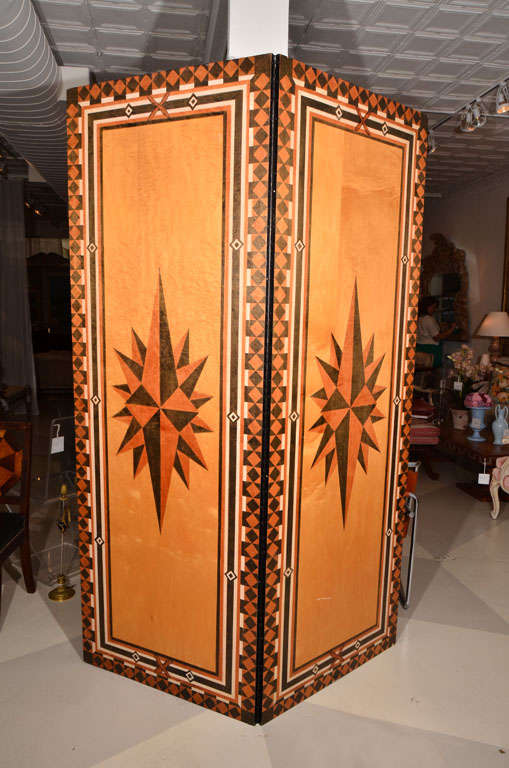 Large Two-Panel Directoire Style Folding Screen,<br />
featuring two 14 point stars and a geometric stenciled border