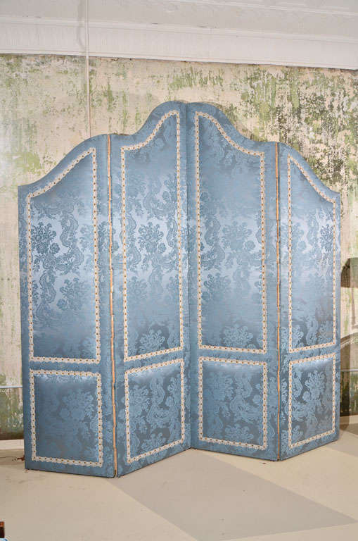 Large French Style Four-Panel Upholstered Screen, 
in reversible blue/cream damask fabric with gimp trim and nailheads