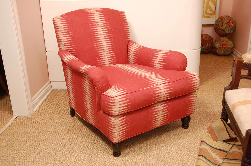 Comfortable club chairs completely reupholstered in Peter Dunham Ikat fabric.