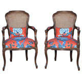 Pair of Carved Walnut Caned Fauteuils