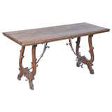 Anitque Walnut Trestle Table with Elaborate Iron Stretcher