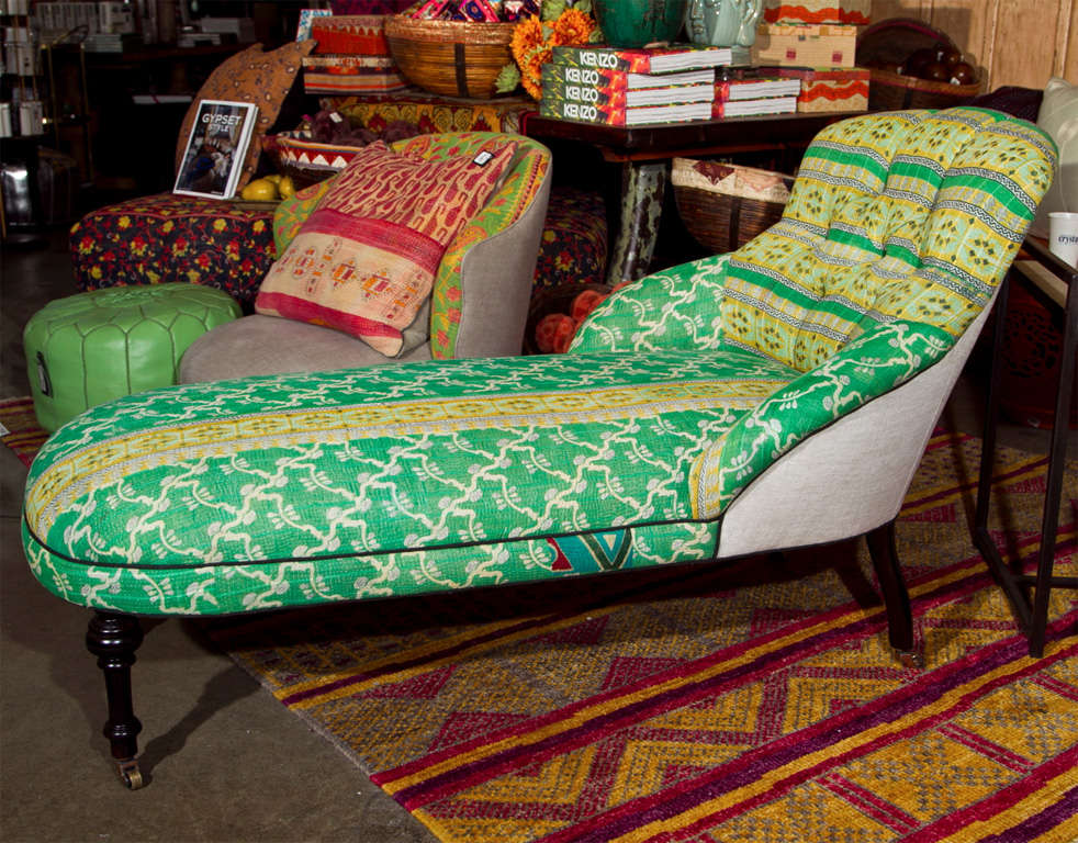 Chaise in vintage Indian fabric in the Victorian/Edwardian style, now upholstered in pieced together fabrics.