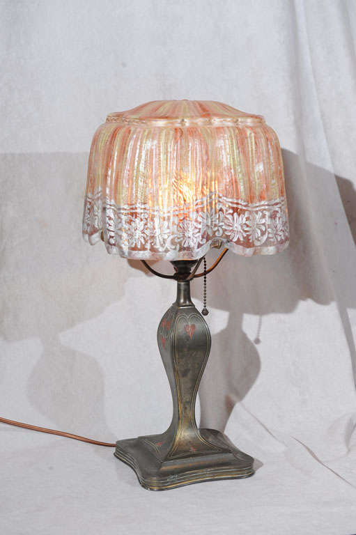 American Reverse Painted Drapery Glass Pairpoint Boudoir Lamp