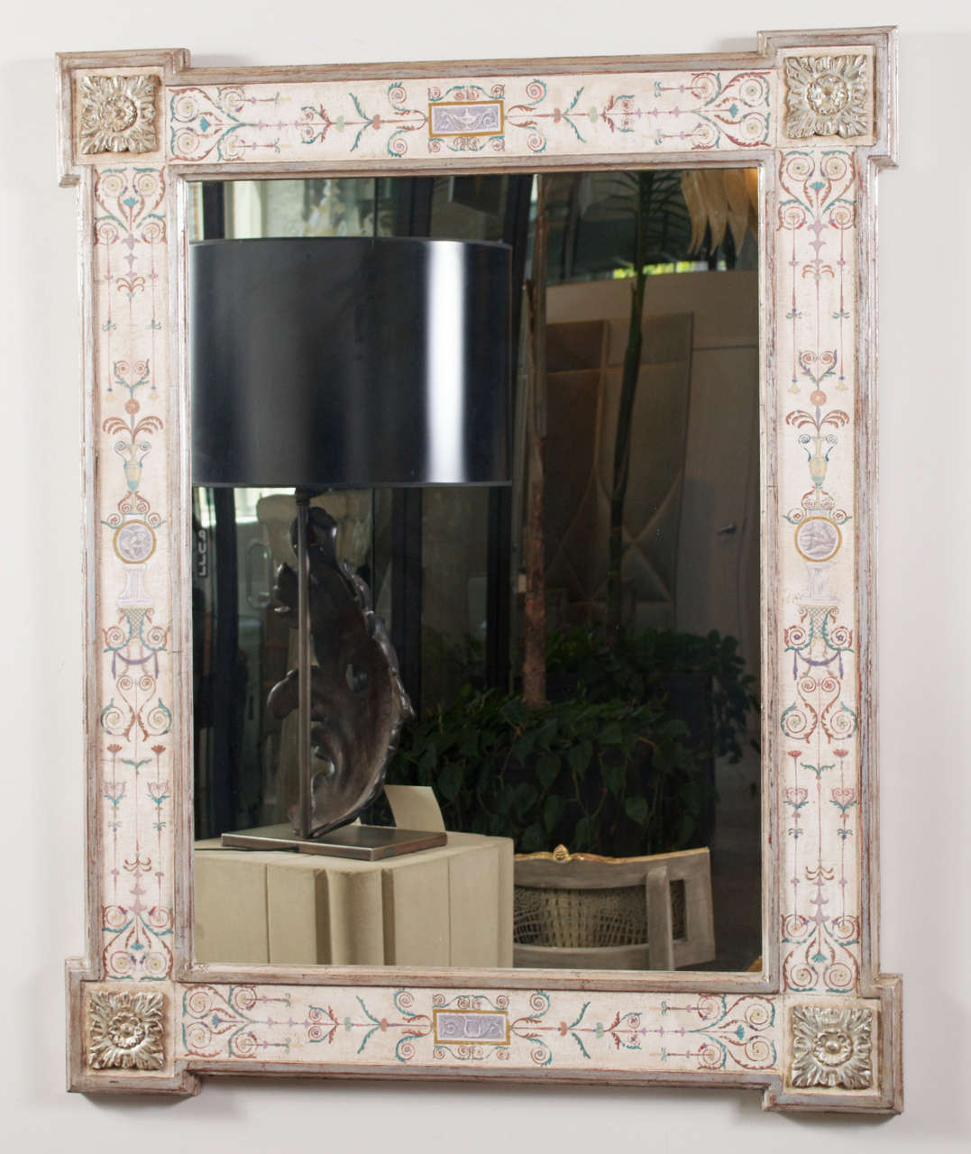 Beautiful hand-painted and hand-carved neoclassical Pompeii mirror with details of scrolls and foliage in a crackled finish.