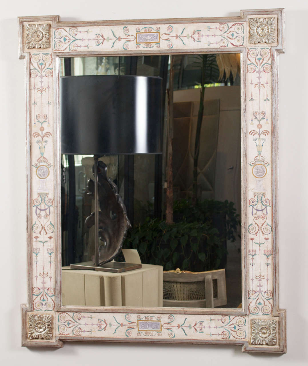 Beautiful hand-painted and hand-carved neoclassical Pompeii mirror with details of scrolls and foliage in a crackled finish.