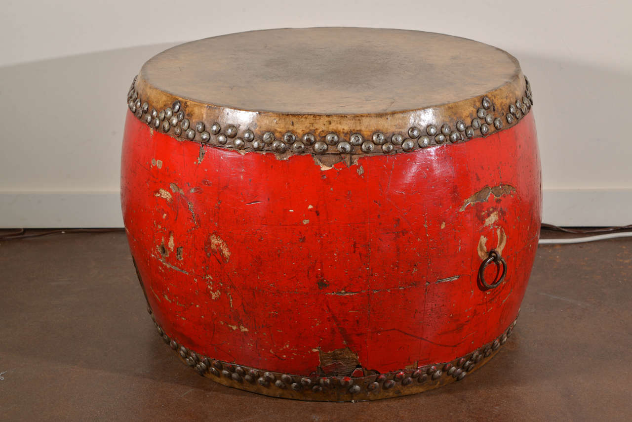 Antique Elm and Leather Ceremonial Drum In Good Condition In Dallas, TX