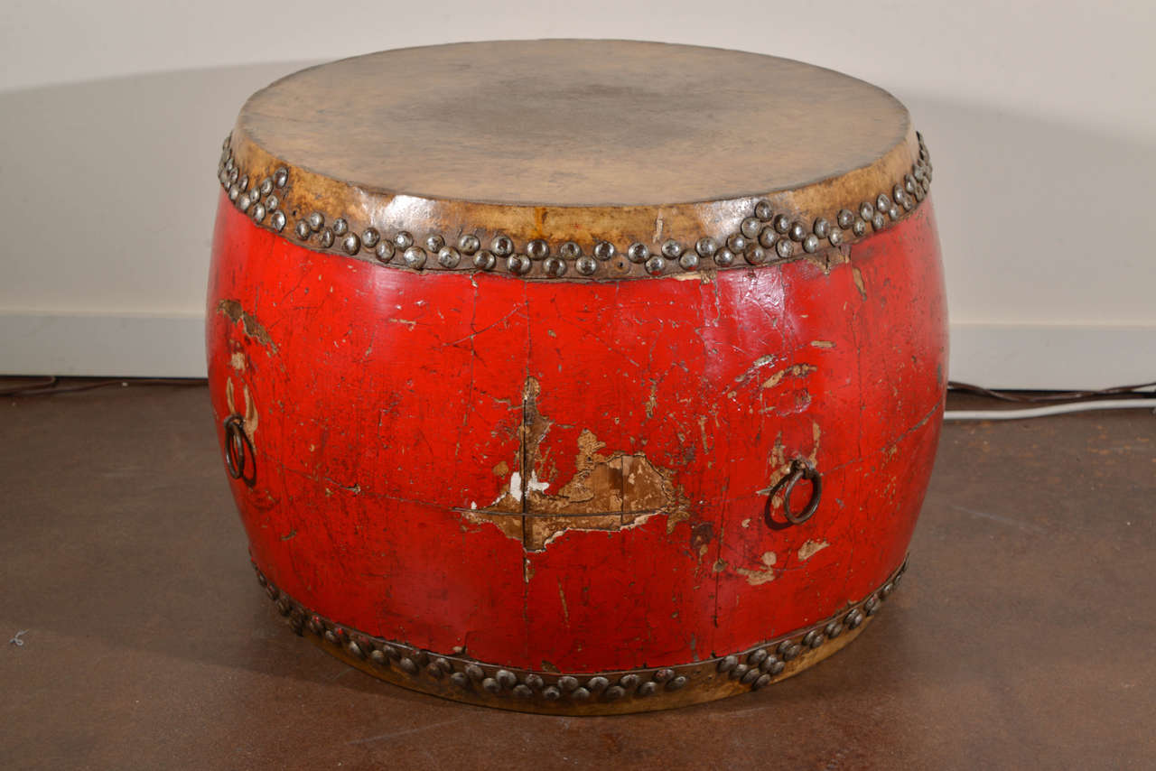 20th Century Antique Elm and Leather Ceremonial Drum