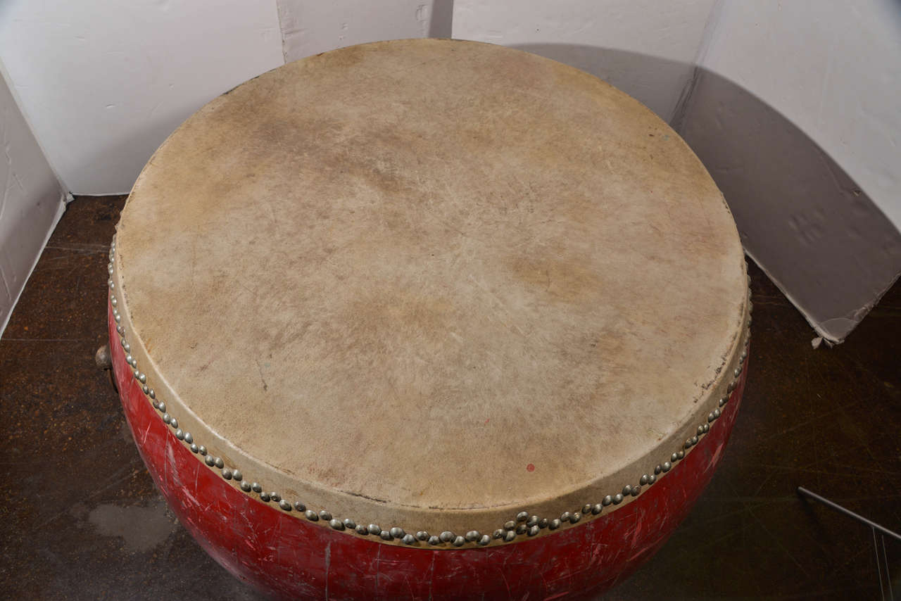 Elm Chinese Large Ceremonial Drum as Unique Center Table or Dining Table