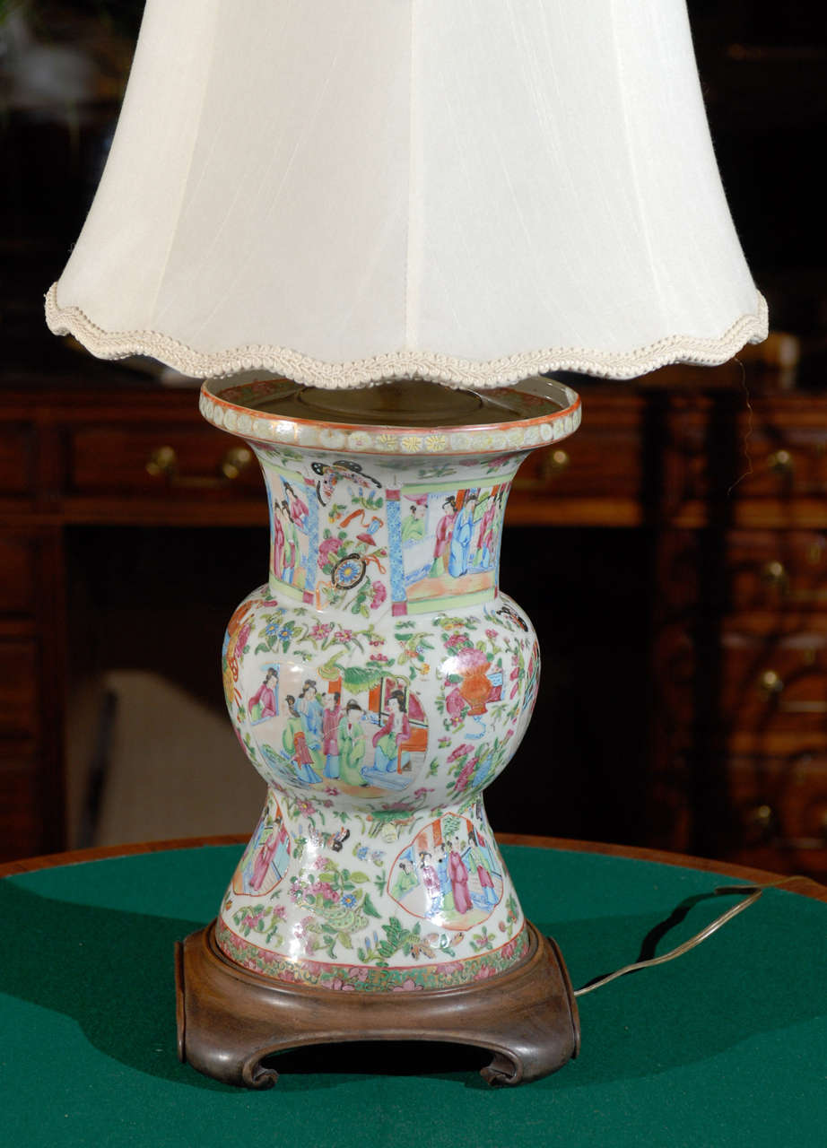 Porcelain Antique Chinese Rose Mandarin Vase Lamp For Sale