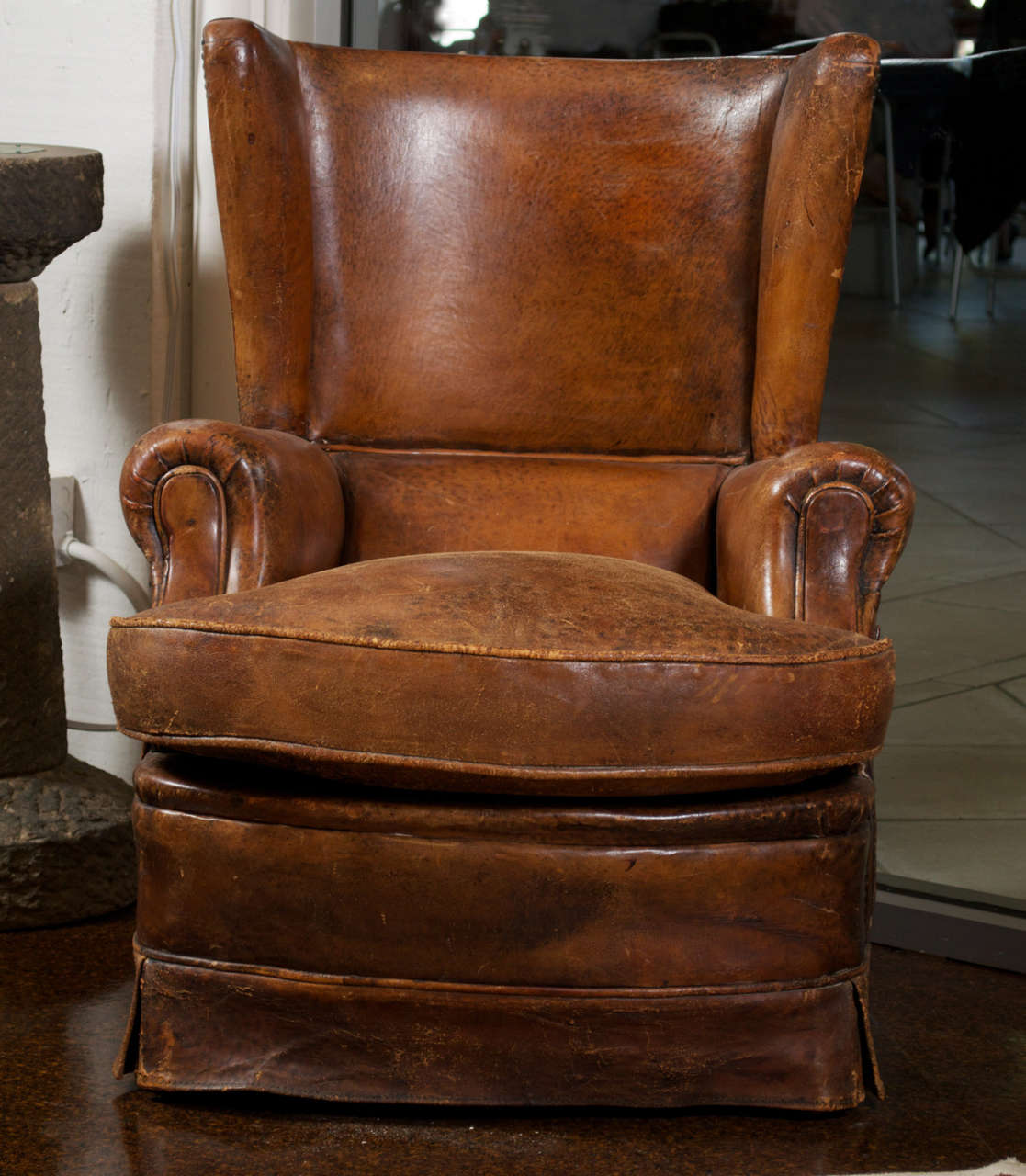 French Art Deco Leather Wing Chair