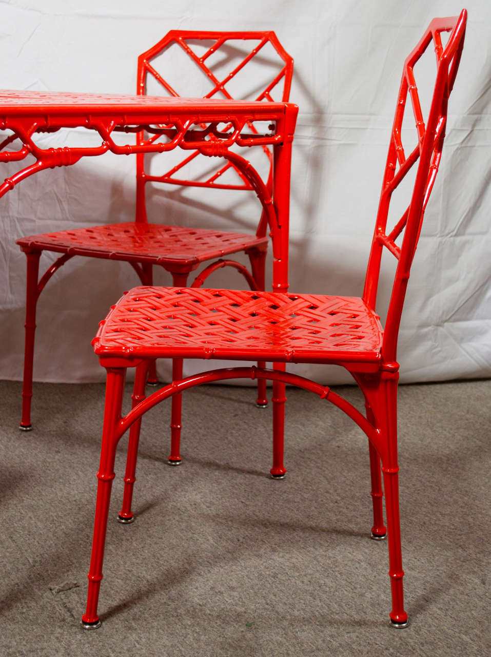 Hollywood Regency Style Faux Bamboo Dining or Patio Set In Vermillion In Good Condition In San Francisco, CA