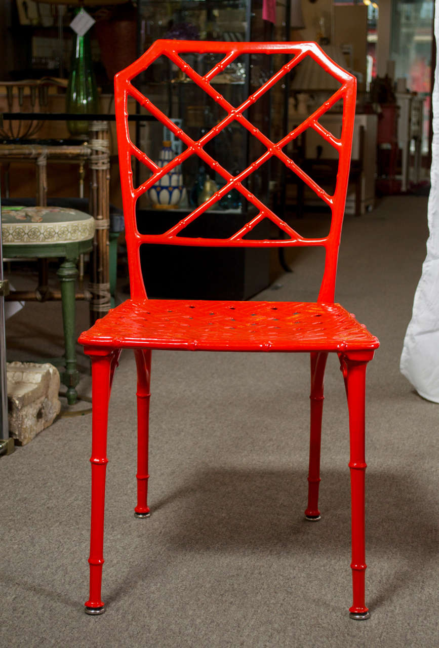 Late 20th Century Hollywood Regency Style Faux Bamboo Dining or Patio Set In Vermillion