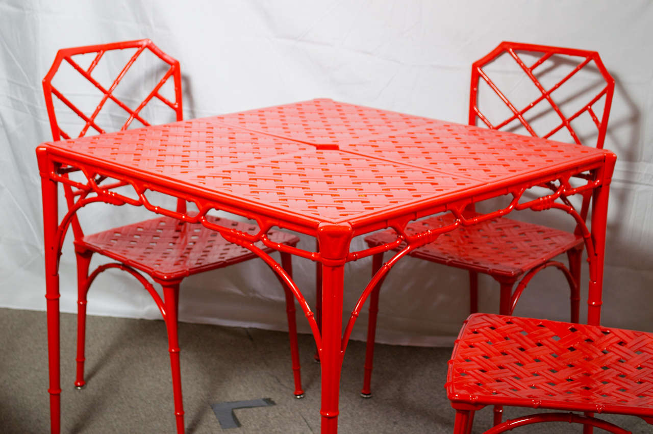 Aluminum Hollywood Regency Style Faux Bamboo Dining or Patio Set In Vermillion