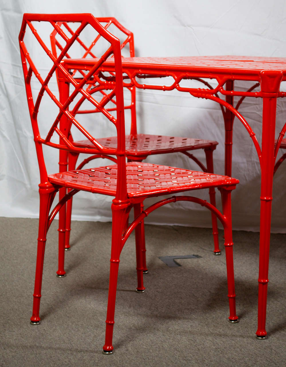 Hollywood Regency Style Faux Bamboo Dining or Patio Set In Vermillion 4