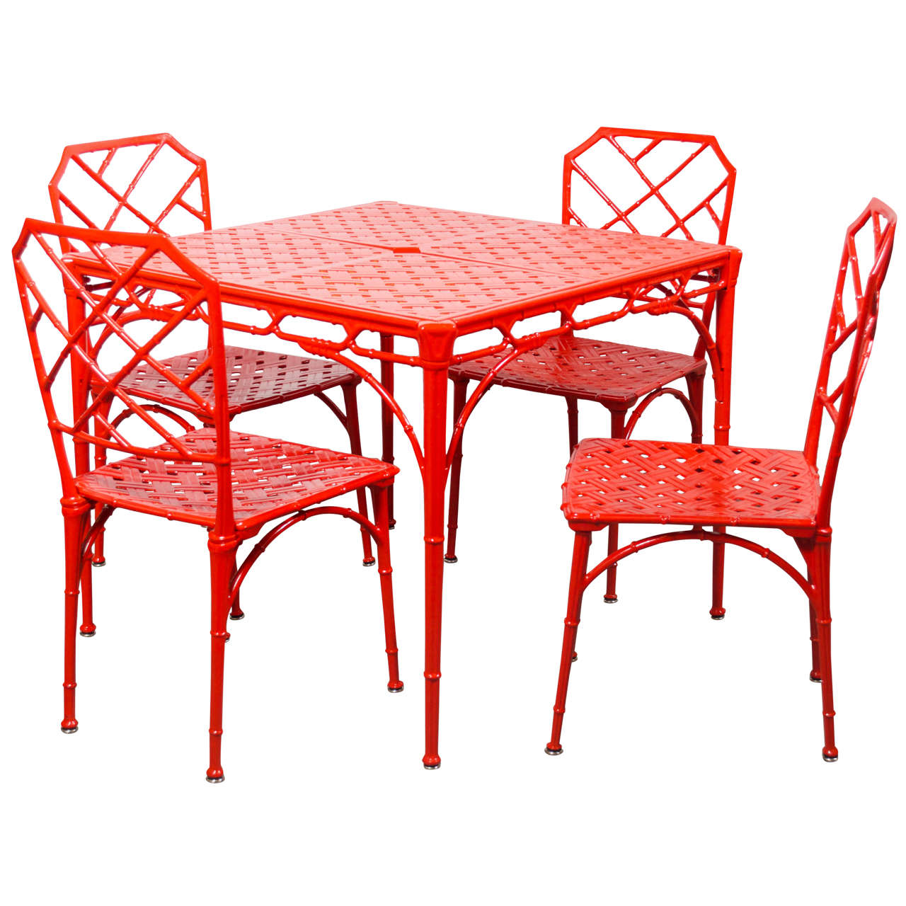 Hollywood Regency Style Faux Bamboo Dining or Patio Set In Vermillion