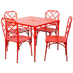 Vintage Hollywood Regency Style Faux Bamboo Dining or Patio Set In Vermillion