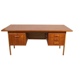 Danish Modern Teak Executive  Desk w/Rattan Modesty Screen