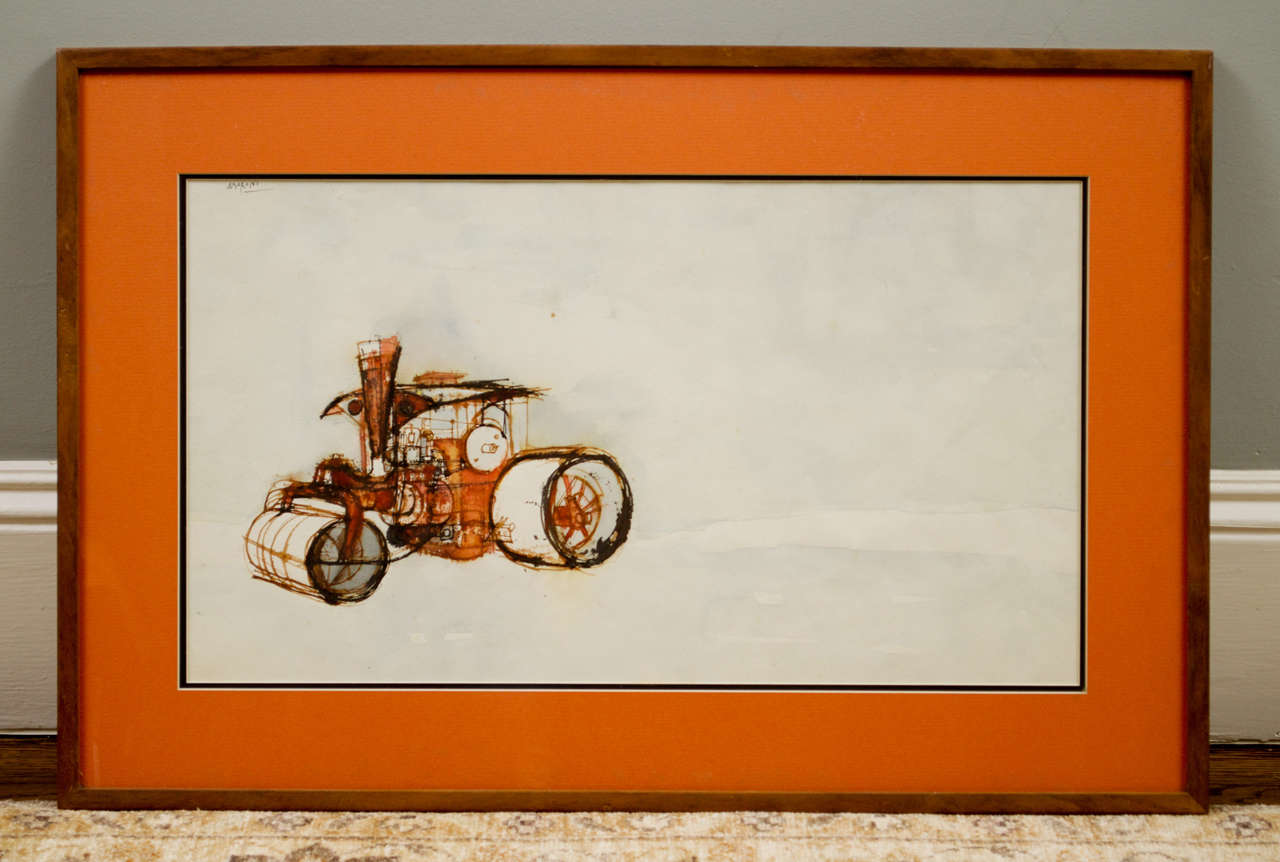 The industrial steam-roller at 3/4 angle rendered in energetic lines and brightly colored in orange, red and browns. Watercolor on paper, signed in ink 'Moroni' in upper left. Framed with colored mats.